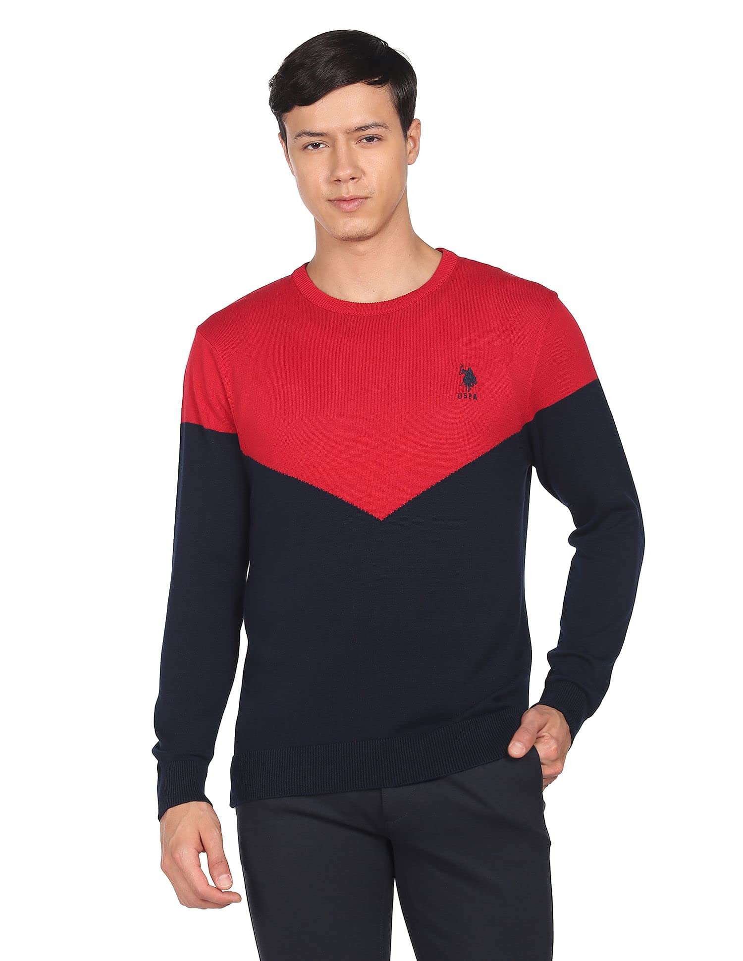 u.s. polo assn. Men Cotton Red Crew Neck Colour Block Sweater-picture-27