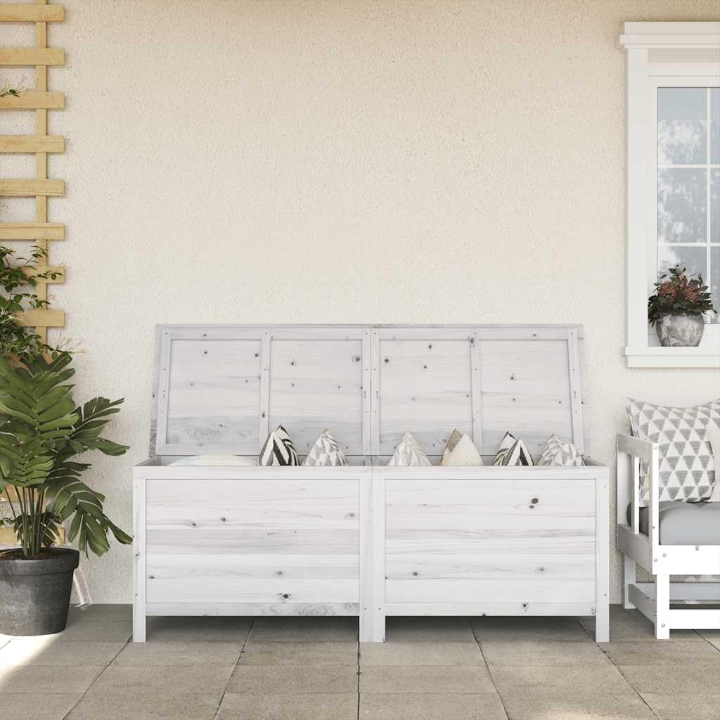 Skrzynia ogrodowa, biała, 150 x 50 x 56,5 cm, z litego drewna, do przechowywania, odporna na warunki atmosferyczne, zamykana, do ogrodu, na balkon, taras, z uchwytem i zawiasem