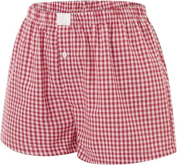 Women's Lounge Shorts Cute Soft Elastic Low Waist Plaid Print Button Front Pajama Bottoms Boxer Shorts Sleepwear