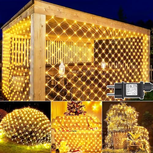 Joycome Red de Navidad Exterior 3x2m 200 LED Cortina con Enchufe, Temporizador, 8 Modos IP65 Impermeable Malla Luces para Balcón Jardín Árbol Navidad Exterior Interior - Blanco Cálido