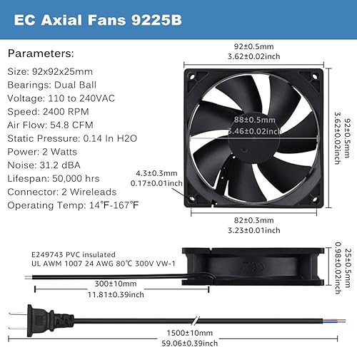Miniatura 6 de GDSTIME Ventilador de enfriamiento axial EC de 3.543 in 3.622 in x 0.984 in CA 110 V 115 V 120 V 220 V 240 V doble rodamiento de bolas pequeño