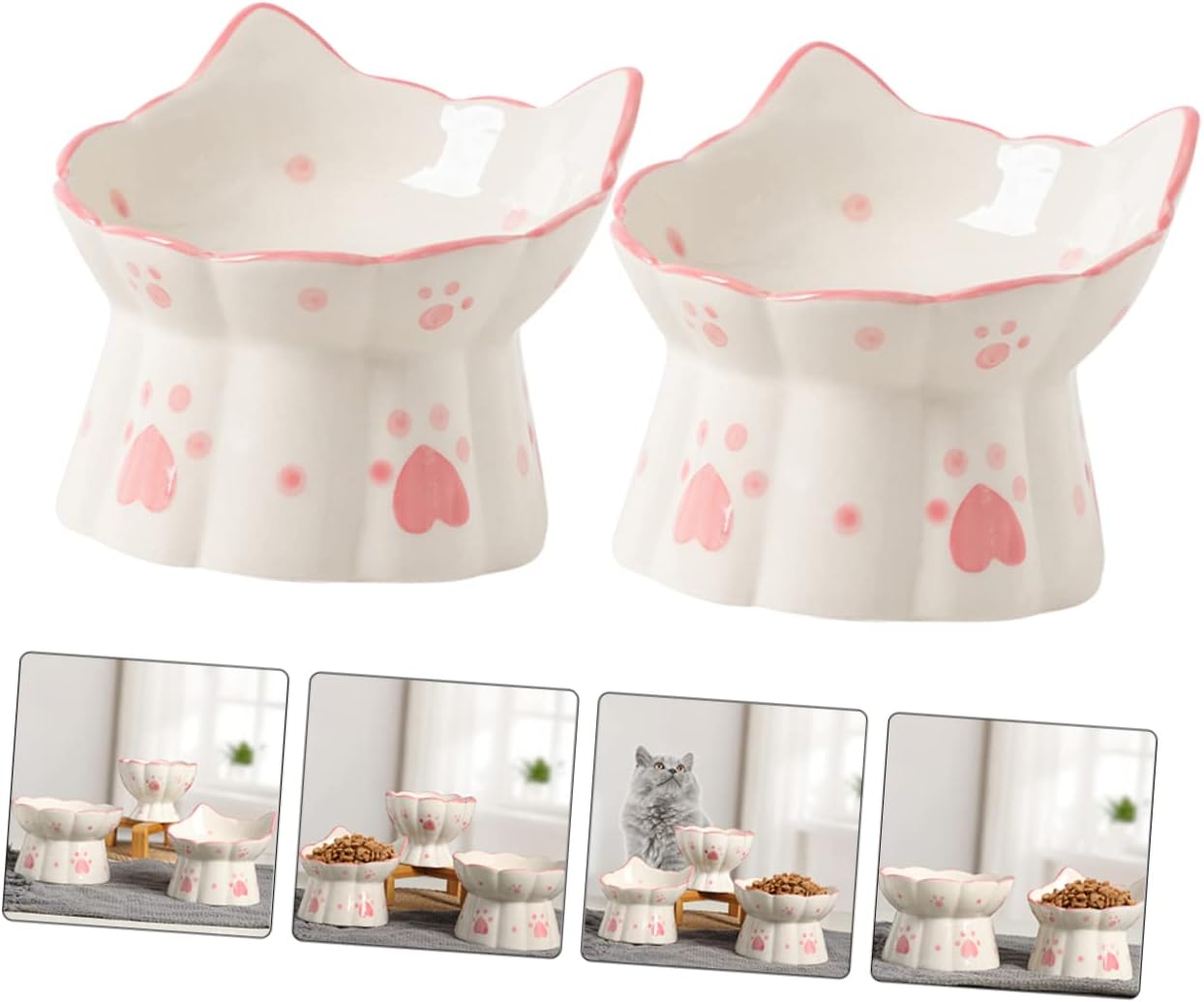 VICASKY 2pcs Elevated Cat Food Bowl Neck Guard Pet Bowl Ceramic Raised Pet Feeder Cat Ear Design