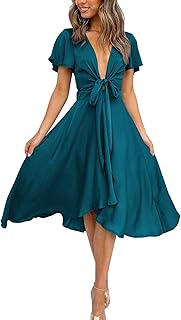 Womens Satin V Neck Ruffle Short Sleeve Tie Front High Waist Midi A-Line Maxi Dresses - Buy now