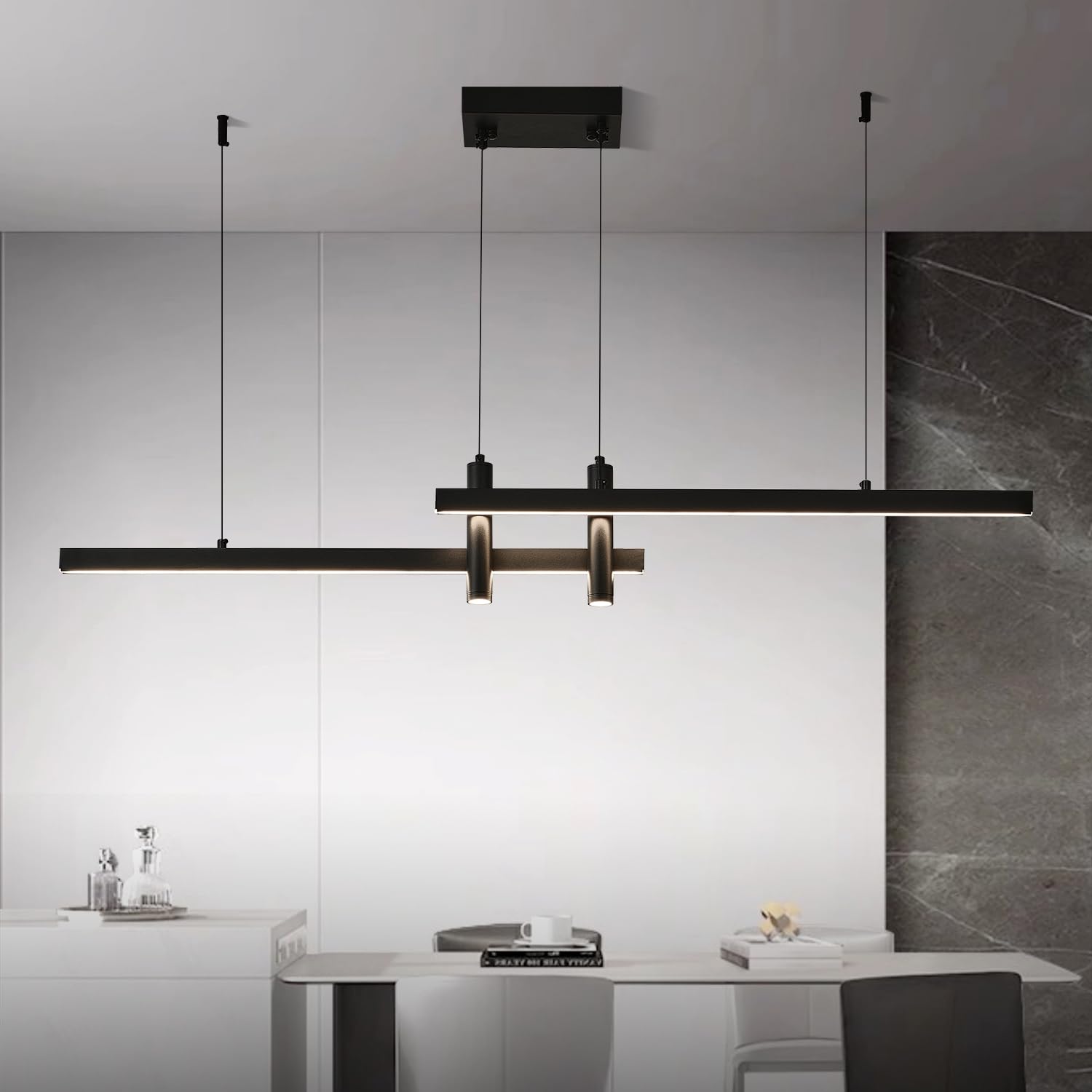 HUASHARE Modern Black Linear Pendant Lights Kitchen Island Lighting Minimalist Led Chandeliers Pool Table Light Dimmable Ceiling Hanging Light Fixture Dining Room with Remote Control (47in)
