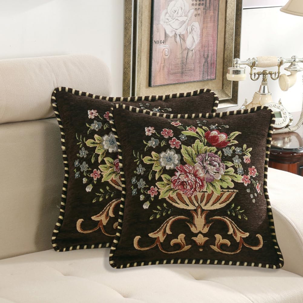 Set of 2 Brown Vintage Embroidered Throw Pillow Covers 18x18in,Floral Cushion Cover for Sofa Couch Bedroom,Coffee Pillow Covers