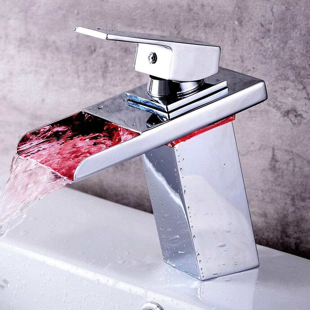 Robinet LED avec cascade, éclairage RVB 3 couleurs changeantes, robinet de salle de bain, bec cascade, robinet de lavabo pour salle de bain, laiton, chromé, rouge, vert, bleu