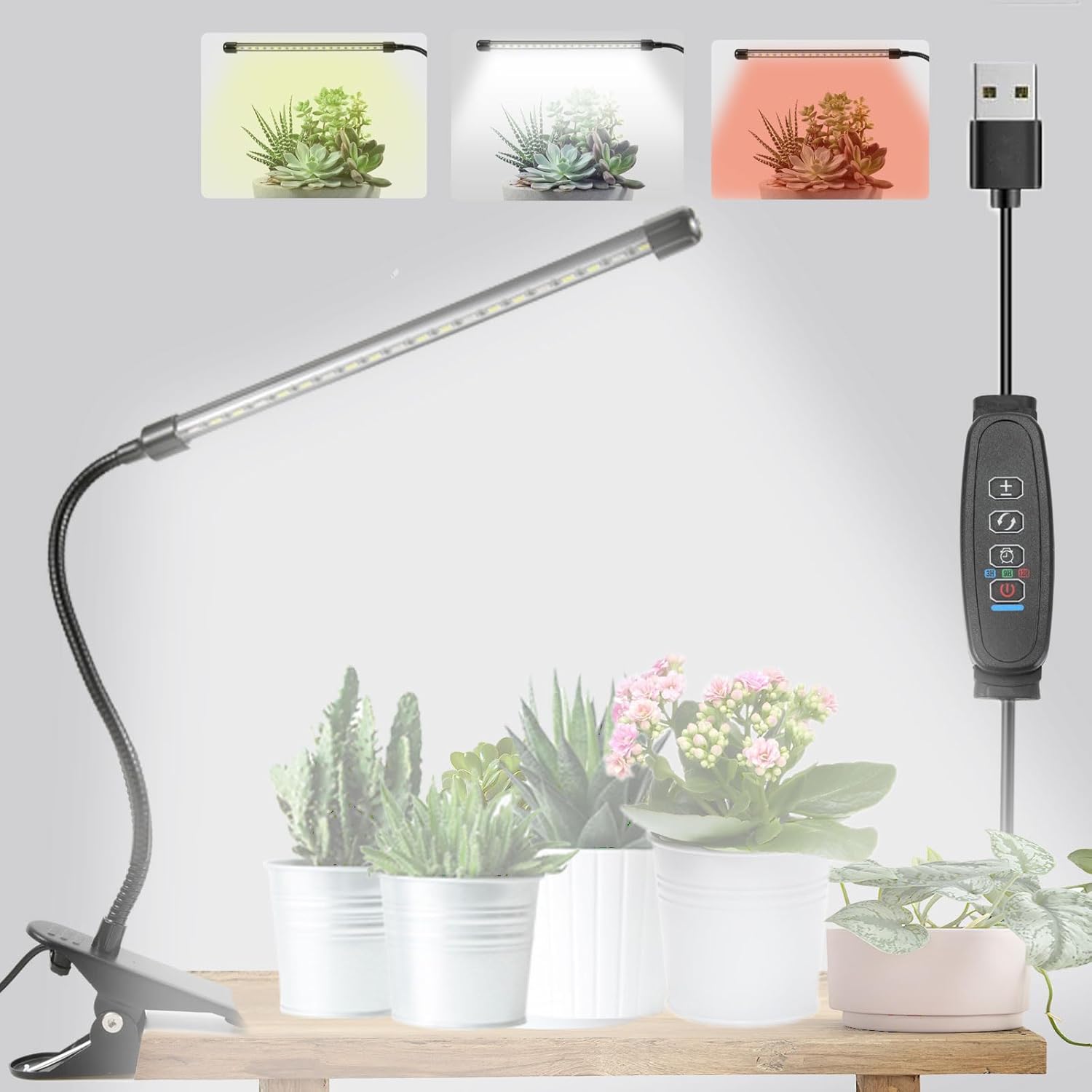 Clip On Grow Light for Indoor Plants,Full Spectrum Led Plant Grow Lights with Auto-Timer, Plant Growing Lamp for Seed Starting,Houseplants, Bonsai, Pot Plant (1-Lamp) White & Red 1 Lamp