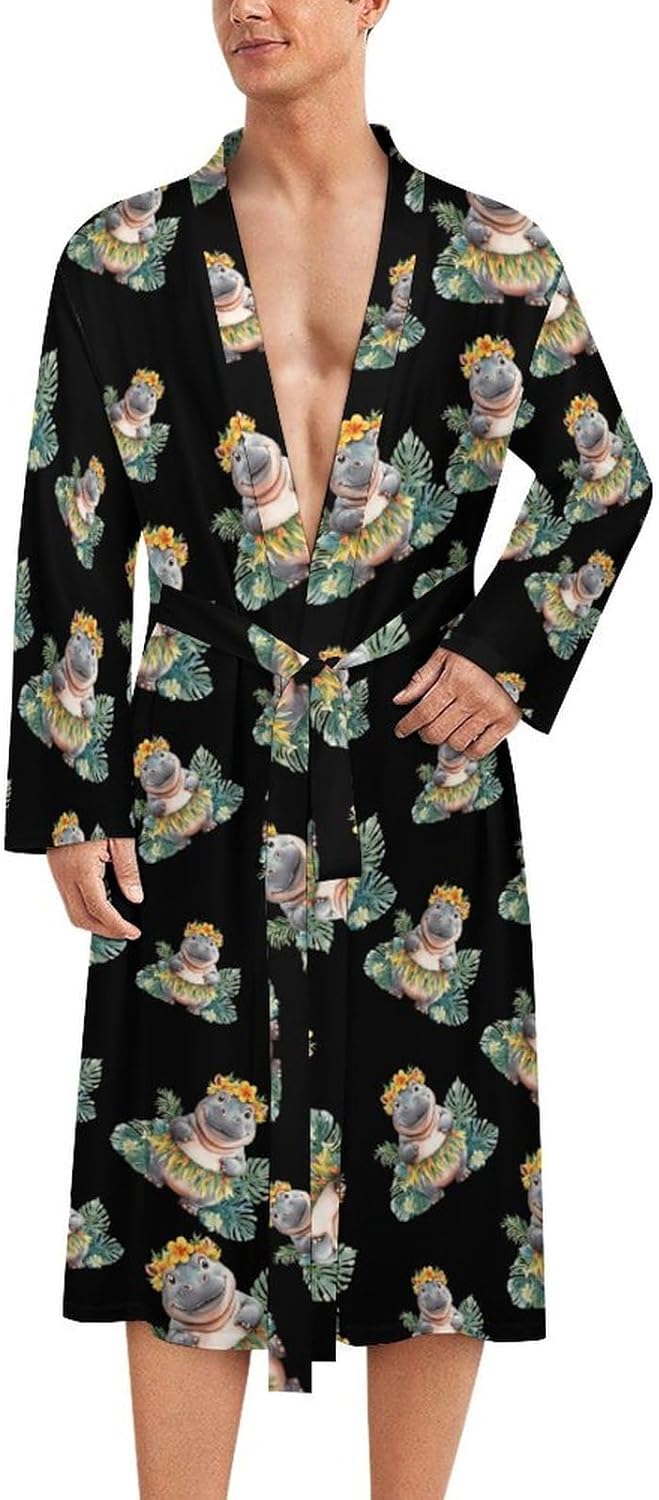 Cute Hippo Mens Robe Long Bathrobe for Women Bath Robes Lightweight Soft Printed Sleepwear