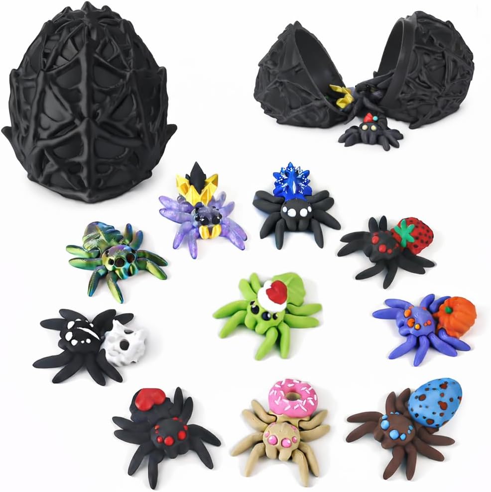 3D Printed Dragon Egg with 10 Unique Spiders, 3D Printed Animals Toys, Surprise Spider Fidget Toy Set for Party Favors, Fun Gift for Kids (Black)