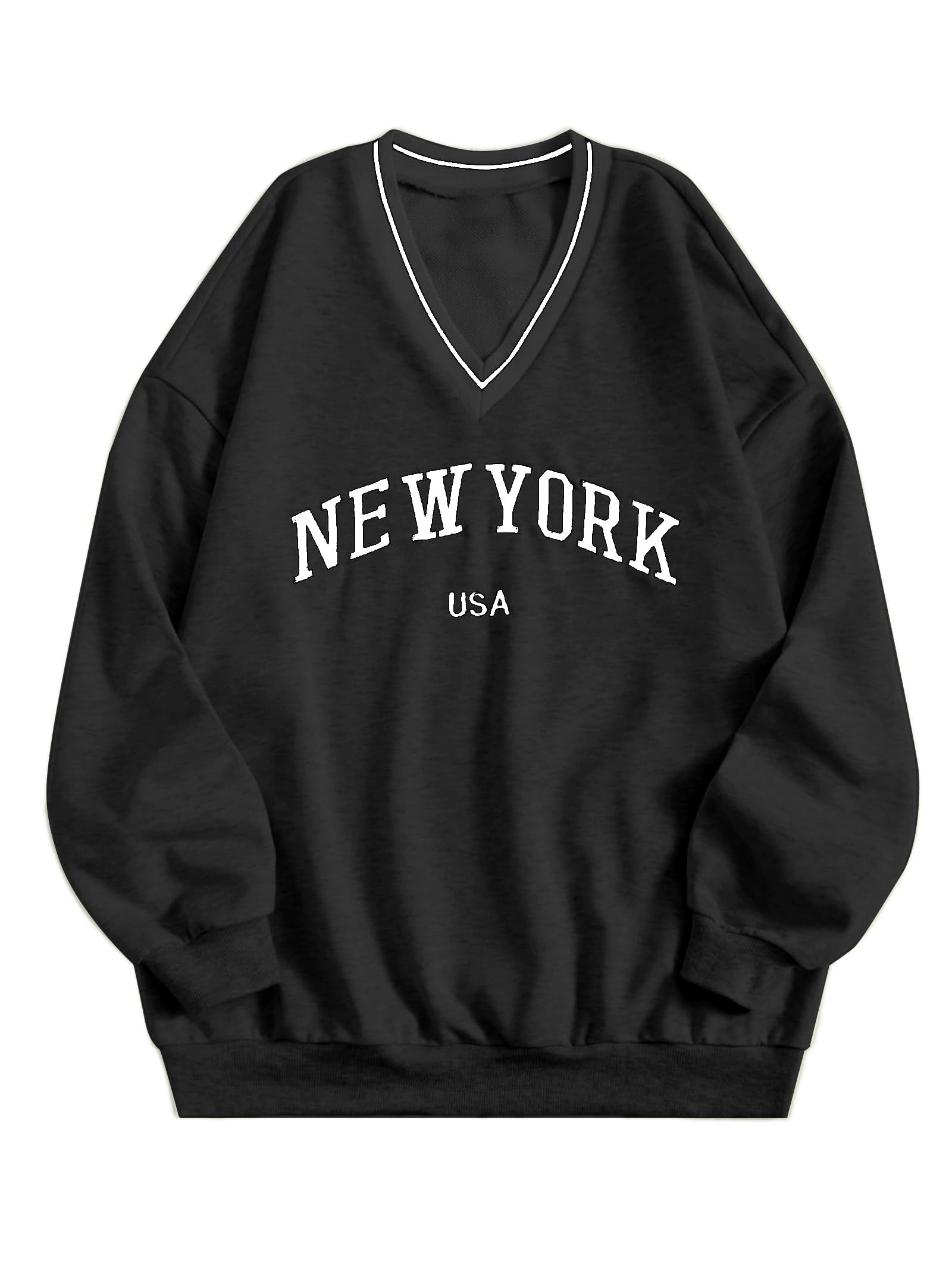 Remidoo Womens New York Embroidered V Neck Sweatshirt Oversized Long Sleeve Pullover Top