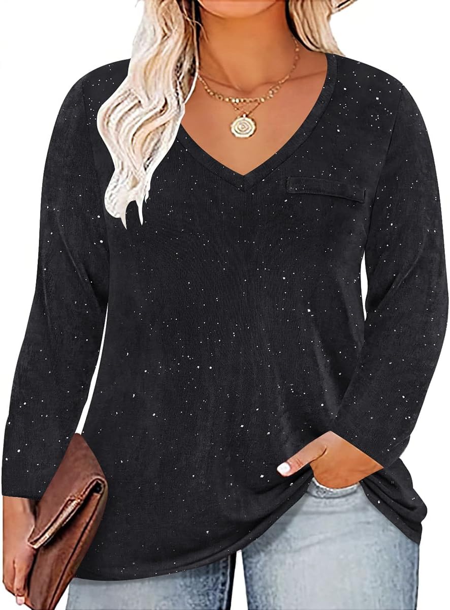 CARCOS Plus Size Tops for Curvy Women Long Sleeve Fall Shirts Glitter Pullover Raglan Tunics Casual XL-5XL