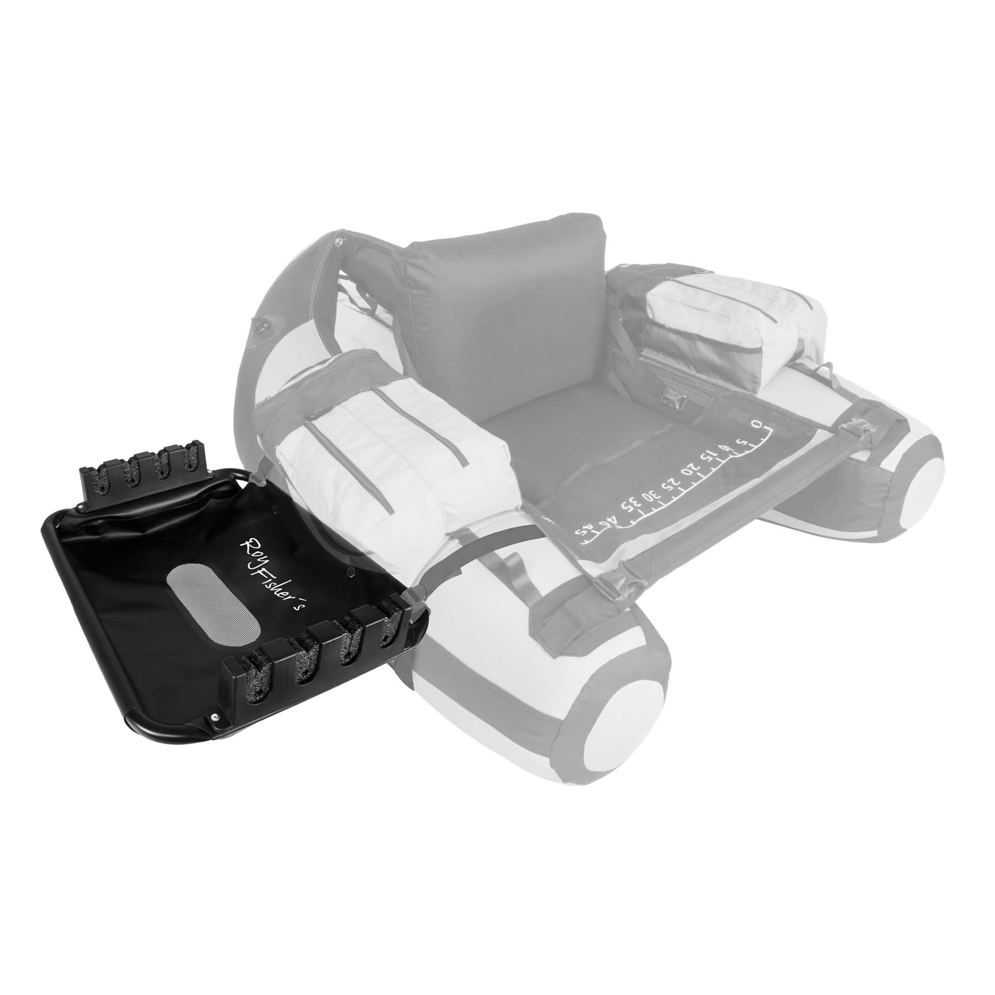 Roy Fishers Belly Boat Rutenhalter & Seitentisch, 49,5x37cm | Ablagetablett für bis zu 4 Ruten, Aluminium-Rahmen mit Drainagenetz, Universelle Befestigung für D-Ringe, Belly Boot Zubehör