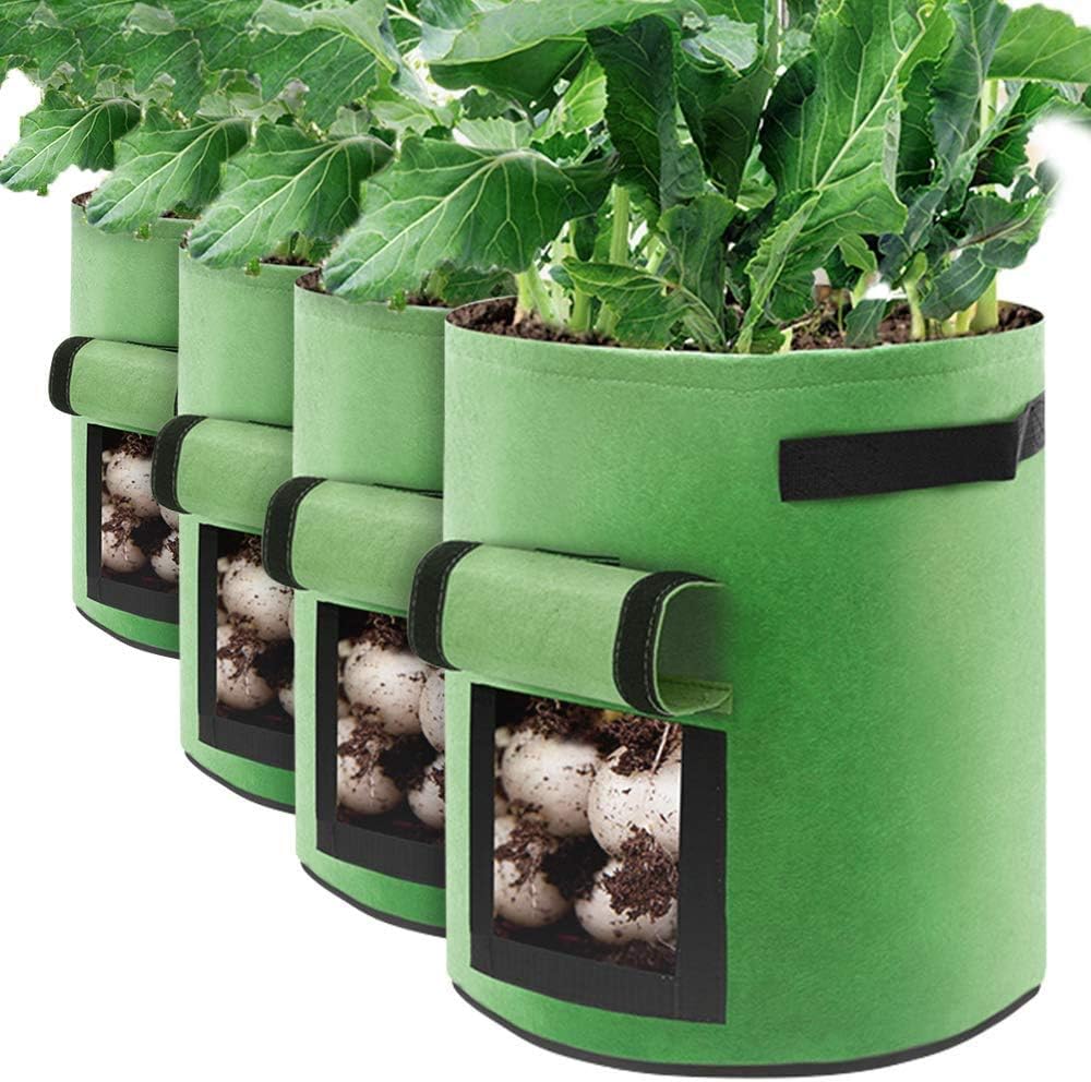 Plant Grow Bags 10 Gallon Growing Bags 37L with Flap and Handles Planter for Vegetables Flowers Herbs Potato Tomato Carrot Strawberry 4 Pack (Green)