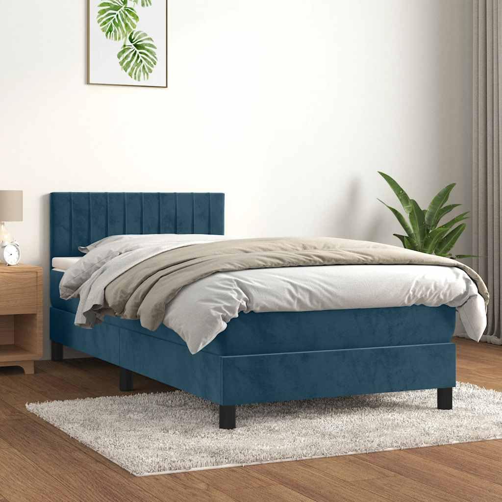 Cama con somier con colchón azul oscuro, 80 x 200 cm, terciopelo y colchón de dureza media para un sueño reparador