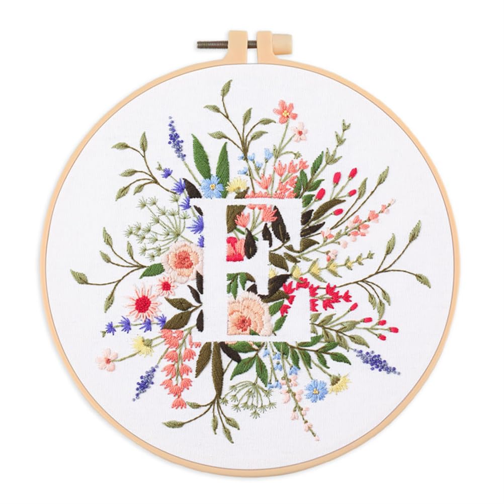 Meecaa Flower Leaves Plant E English Letters Embroidery Kit Starter Set, Hand Embroidery Set,Pattern Printed Cross Stitch Set for Beginner Adults, with Embroidery Hoop and Instructions (Letter E)