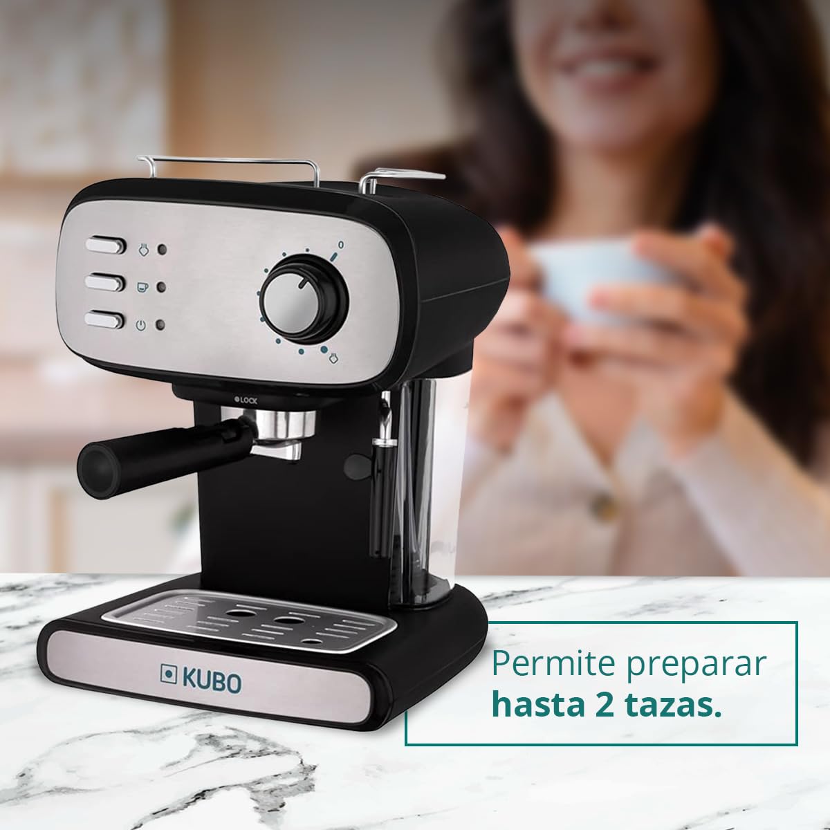 KUBO - Cafetera Espresso, Presión 15 bar, Depósito Agua 1.2L, 850W, Vaporizador para capuchino o bebidas con leche, Limpieza Fácil