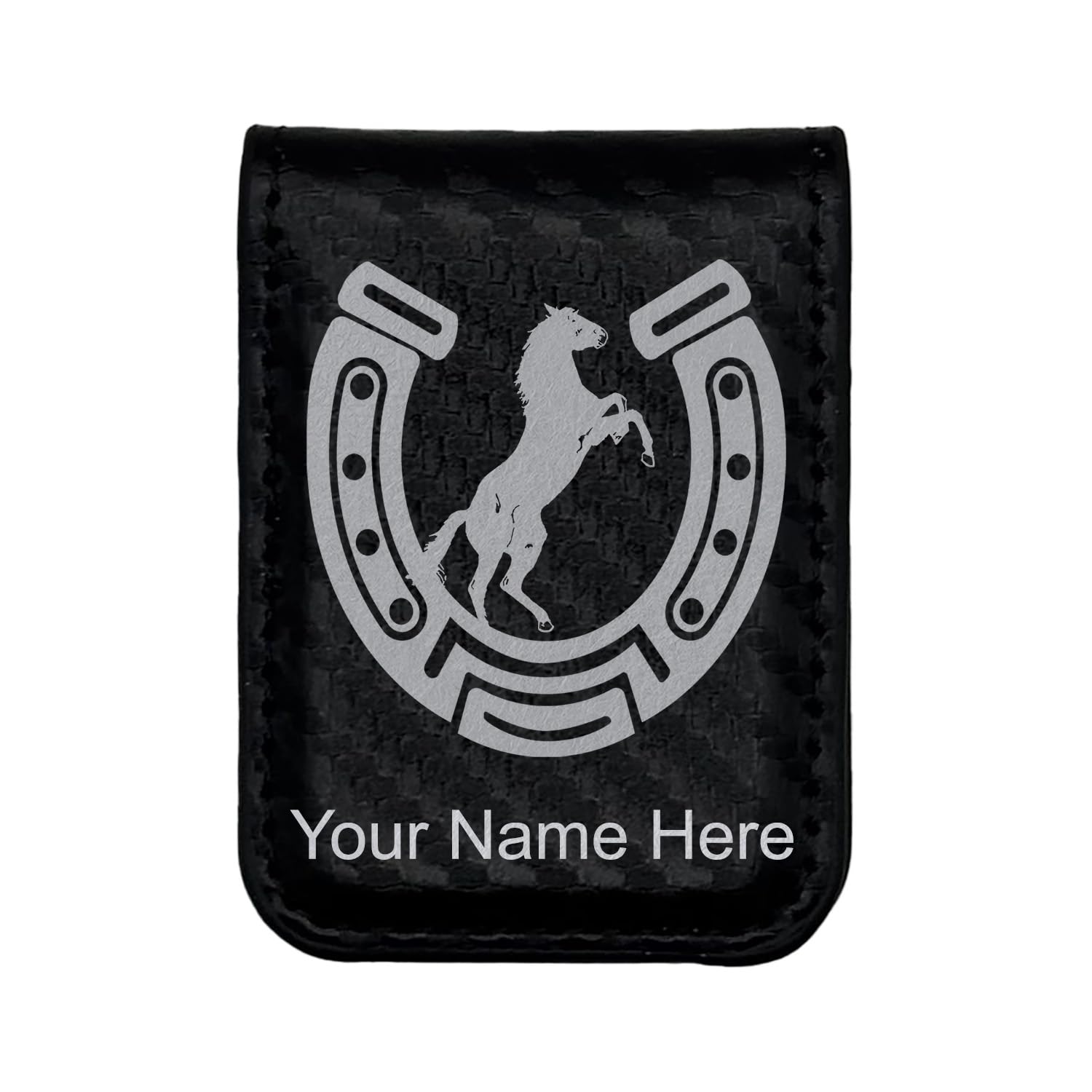 LaserGram Slim Magnetic Money Clip, Horseshoe with Horse, Personalized Engraving Included (Carbon Fiber Black with Silver)