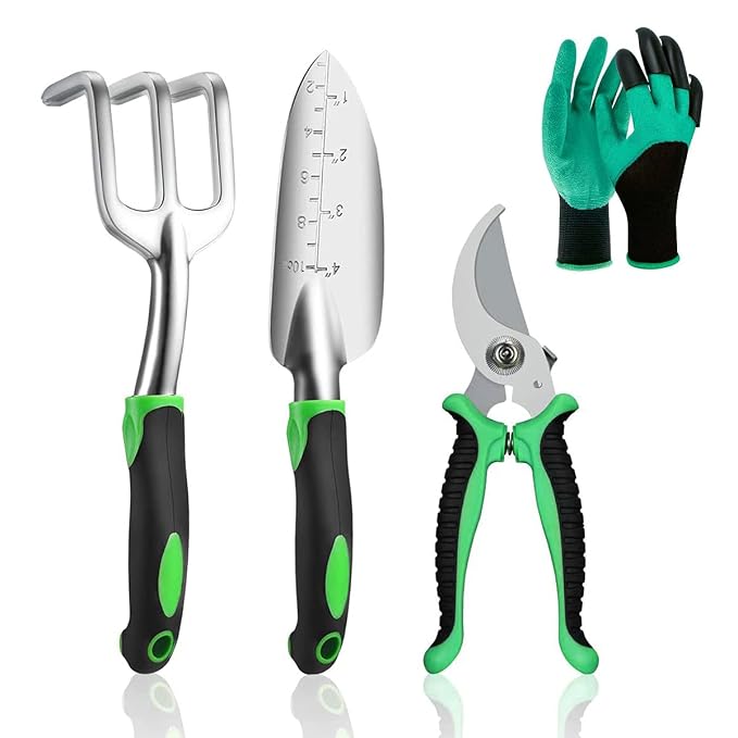 HASTHIP� 4Pcs Garden Tools for Home Gardening Stainless Steel Heavy Duty Tools, Gardening Transplanting Spade, Cultivator, Pruner and Gardening Gloves, Farming Tools Garden Tool Sets