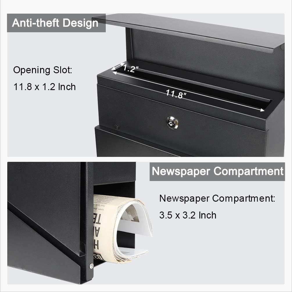 Jssmst Locking Mailbox Wall Mount- Waterproof mailboxes with Secure Key Lock and Newspaper Compartment, Key Lock Drop Box Extra Large Capacity, 12.9 x 4.1 x 14.2 Inch, Black, SM-HPB933 New