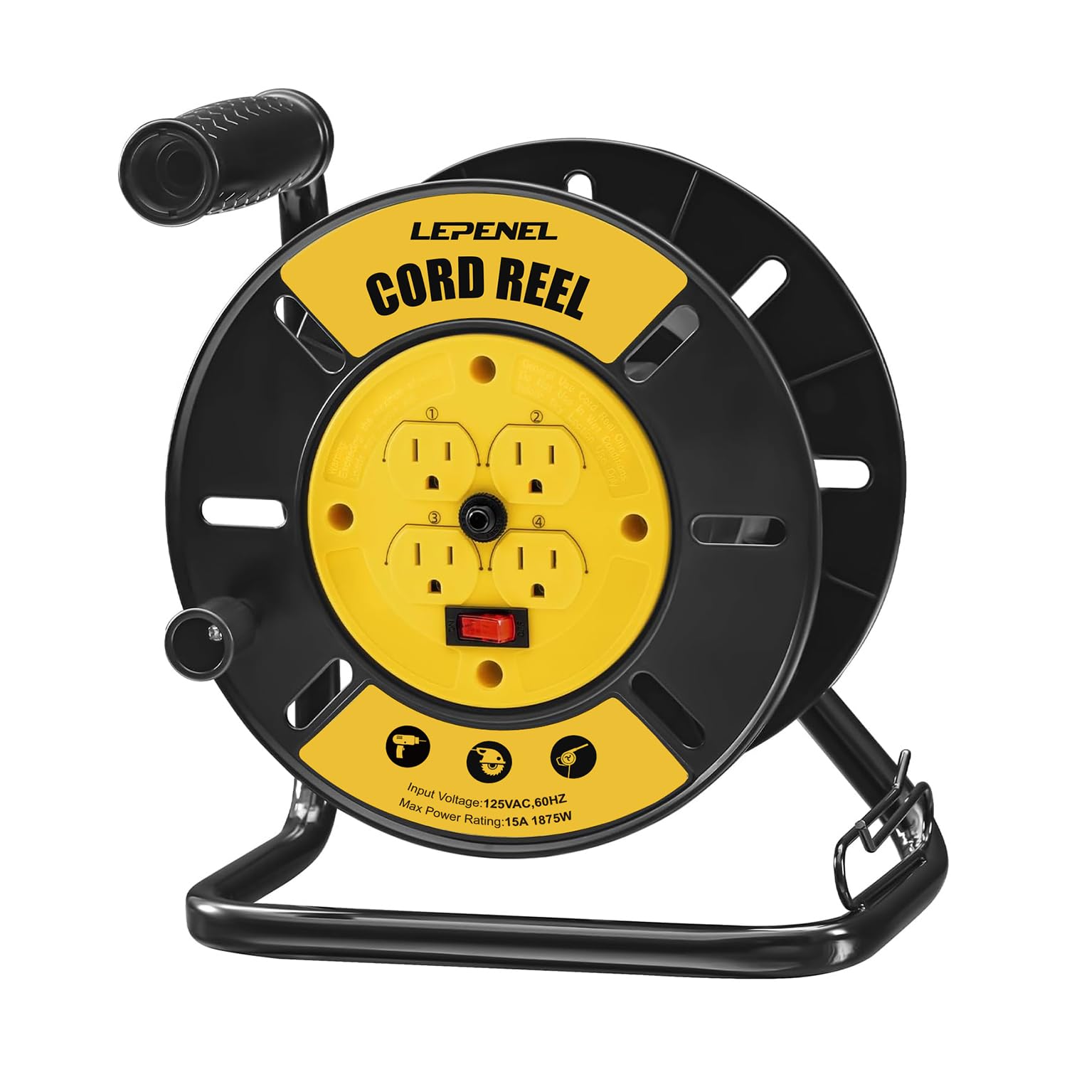 Extension Cord Storage Reel, 15A Circuit Breaker, with 4-Grounded Outlets, Holds 100 ft 16/3, 14/3 or 75ft 12/3 Gauge Power Cord, Hand Wind Retractable, Sturdy Metal Stand, ETL Listed