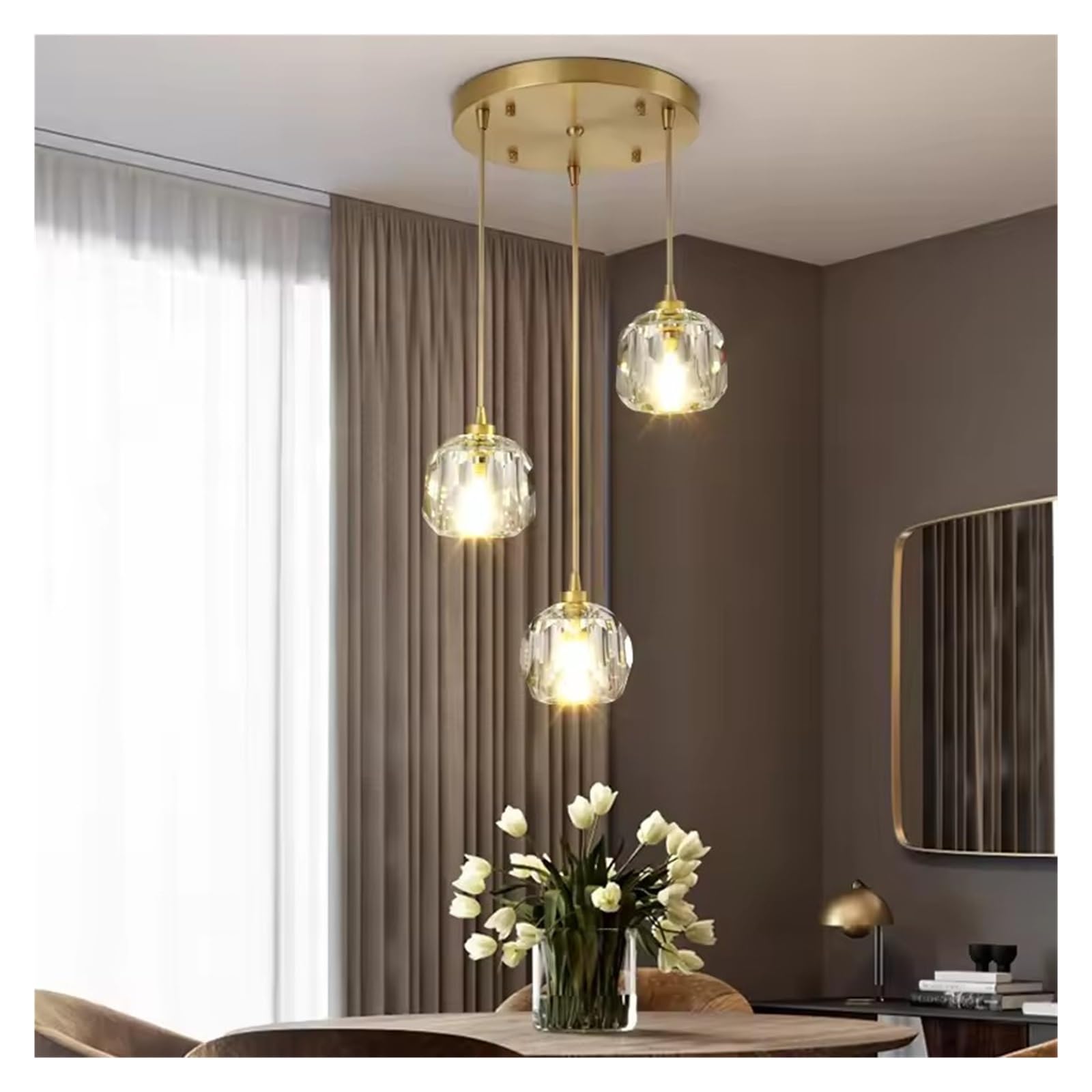 ZTCHSENZT Diamond Crystal Copper Led Pendant Chandelier Light Stair Salon Villa Loft Hanging Lamps Decor Indoor Spiral Lamps,Warm White-3 Lights Round base