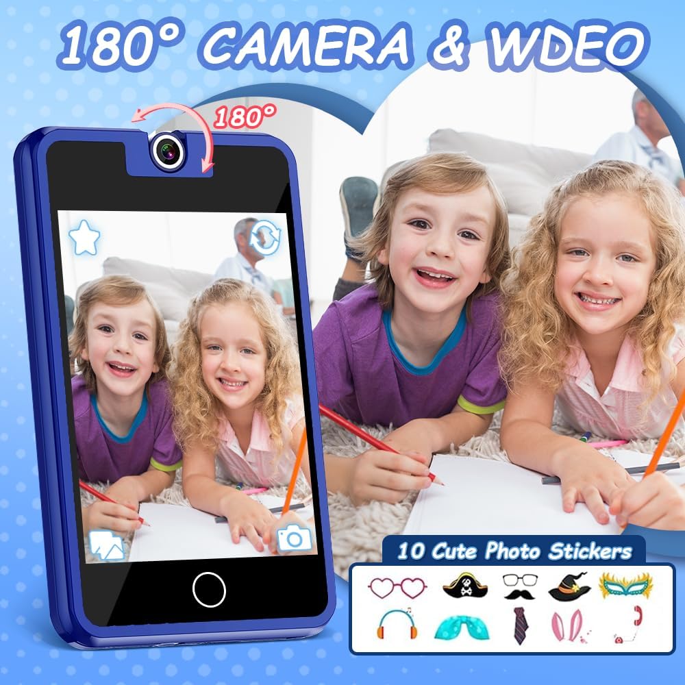 Kids using the Dekala PlaySmart Kids Phone with its 180-degree rotatable camera, showing photo stickers.