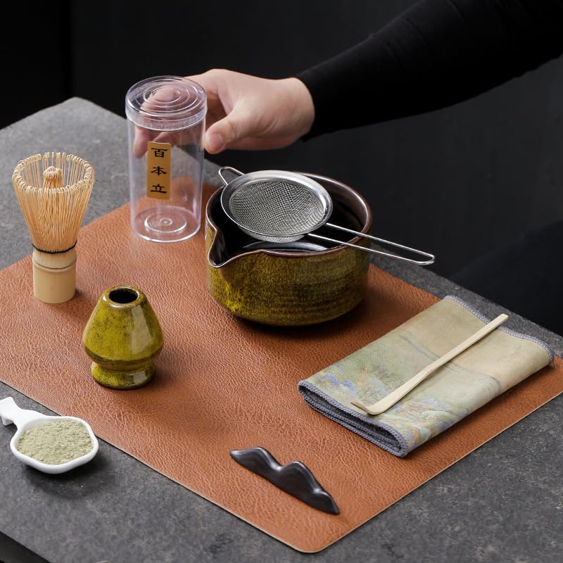 Japanese Matcha Set (7pcs) Matcha Whisk Set Matcha Bowl Matcha Whisk (chasen) Scoop (chashaku) Matcha Whisk Holder Tea Making Kit (4 Pcs,Yellow)