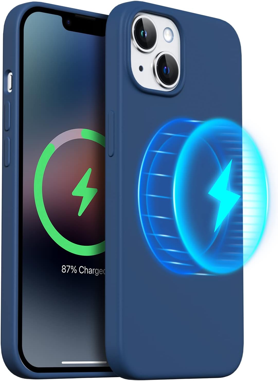 ORNARTO Magnetic Case for iPhone 14 Plus Case with Screen Protector, Liquid Silicone 3 Layers Full Covered Gel Rubber Shockproof Protective Case Cover 6.7 inch-Storm Blue