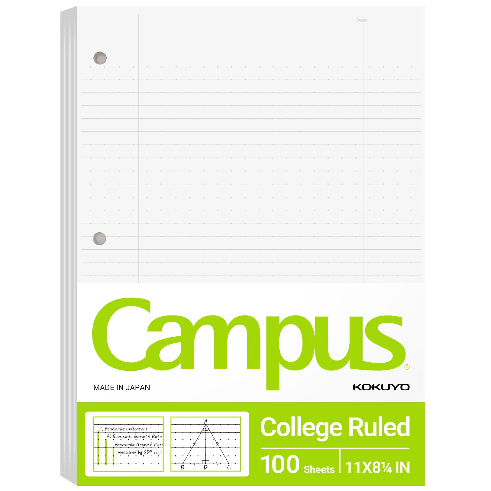 Kokuyo 3 Hole Loose Leaf Paper 8-1/4"x11” College Ruled, 100 Sheets, 1 Pack