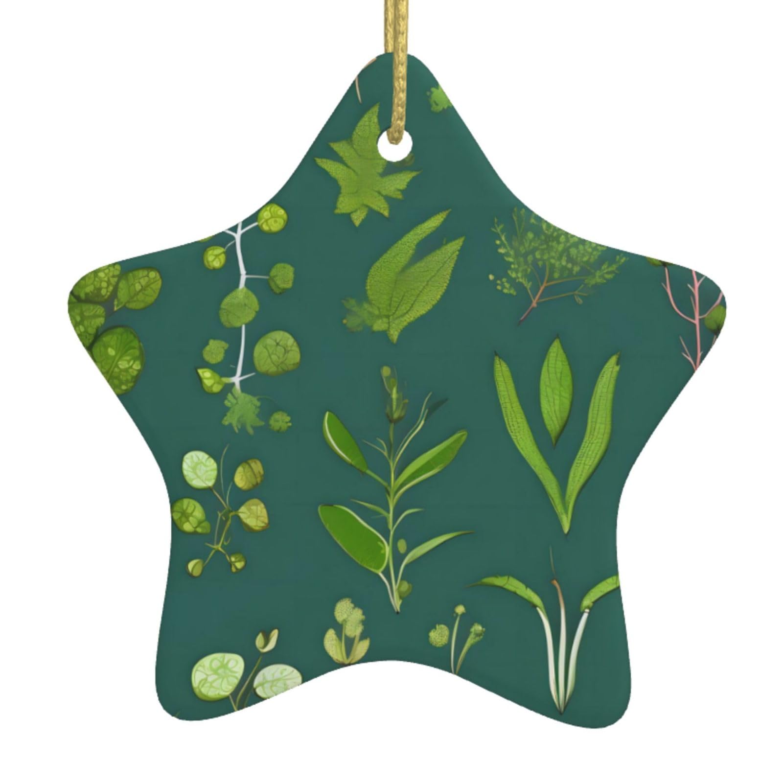 Flowers and Plants Christmas Ceramic Star Pendant with Punched Holes and Gold Wire Rope, Christmas Tree Home Decoration