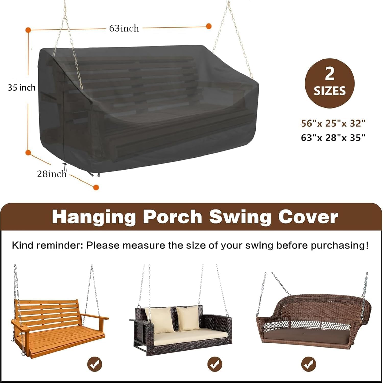 PLUSLEYSC Hanging Porch Swing Cover 63 Inch Waterproof Zipper 420D Oxford Cloth Porch Swing Cover,Outdoor Patio Swing Chair Cover (Black, 63Wx28Dx35H inch)