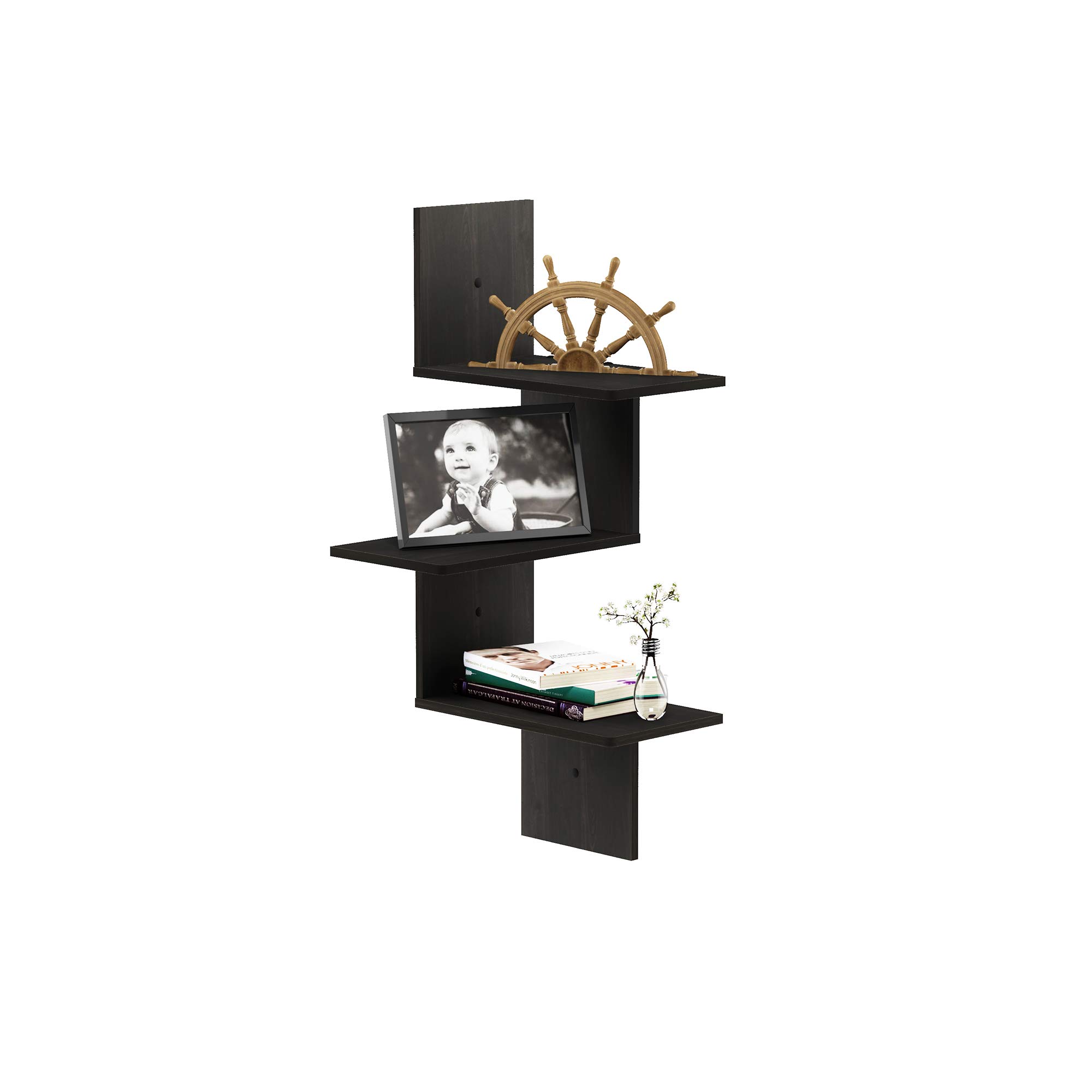 Furinno Rossi Wall Mounted Shelves, 3-Tier Rectangle, Espresso/Black