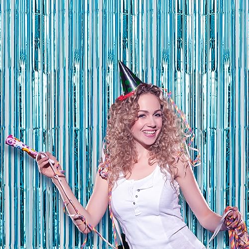 Image of Voircoloria 4 Pack 3.3x8.2 Feet Light Blue Foil Fringe Backdrop Curtains, Tinsel Streamers Birthday Party Decorations, Fringe Backdrop for Graduation, Baby Shower, Gender Reveal, Disco Party