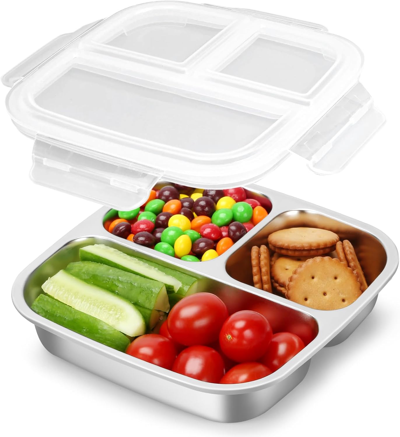 RAOOKIF Stainless Steel Snack Containers With Lids, 3 Compartment Leak-proof Bento Box, 20 oz Reusable Grab and Go Food Storage Containers for School, Home, Office, and Camping, Dishwasher-Safe