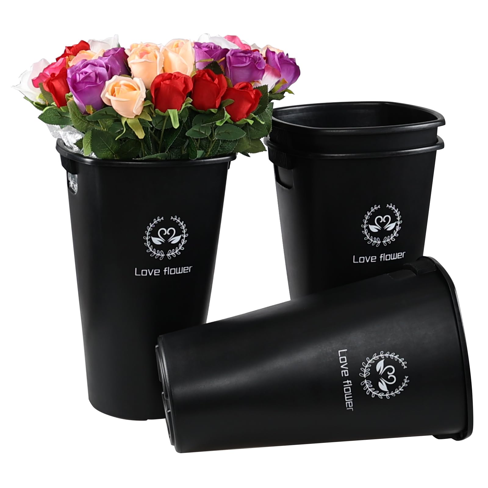 Eagrye16 Inch Plastic Flower Buckets with Cutout Handles, 4 Pack Tall Cut Flower Buckets Vase for Home Wedding, Black