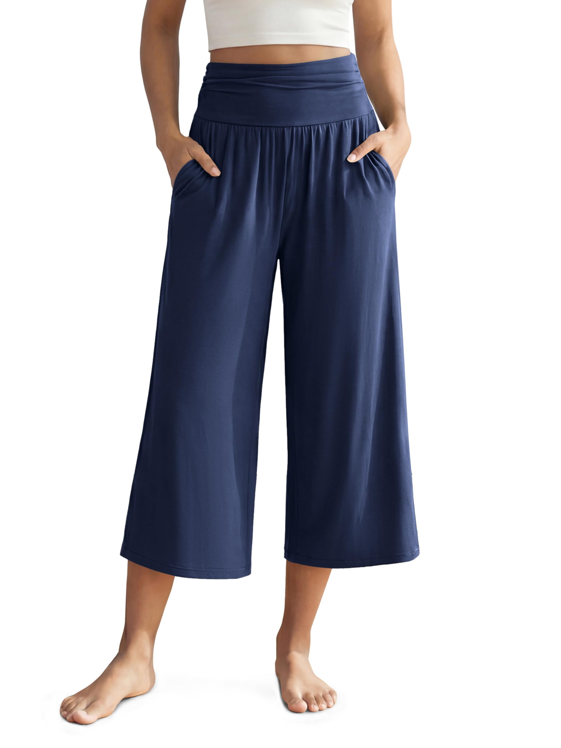 ODODOS Womens Wide Leg Palazzo Lounge Cropped Pants with Pockets Light Weight Comfy Pajama Capri Pants-20 22 24