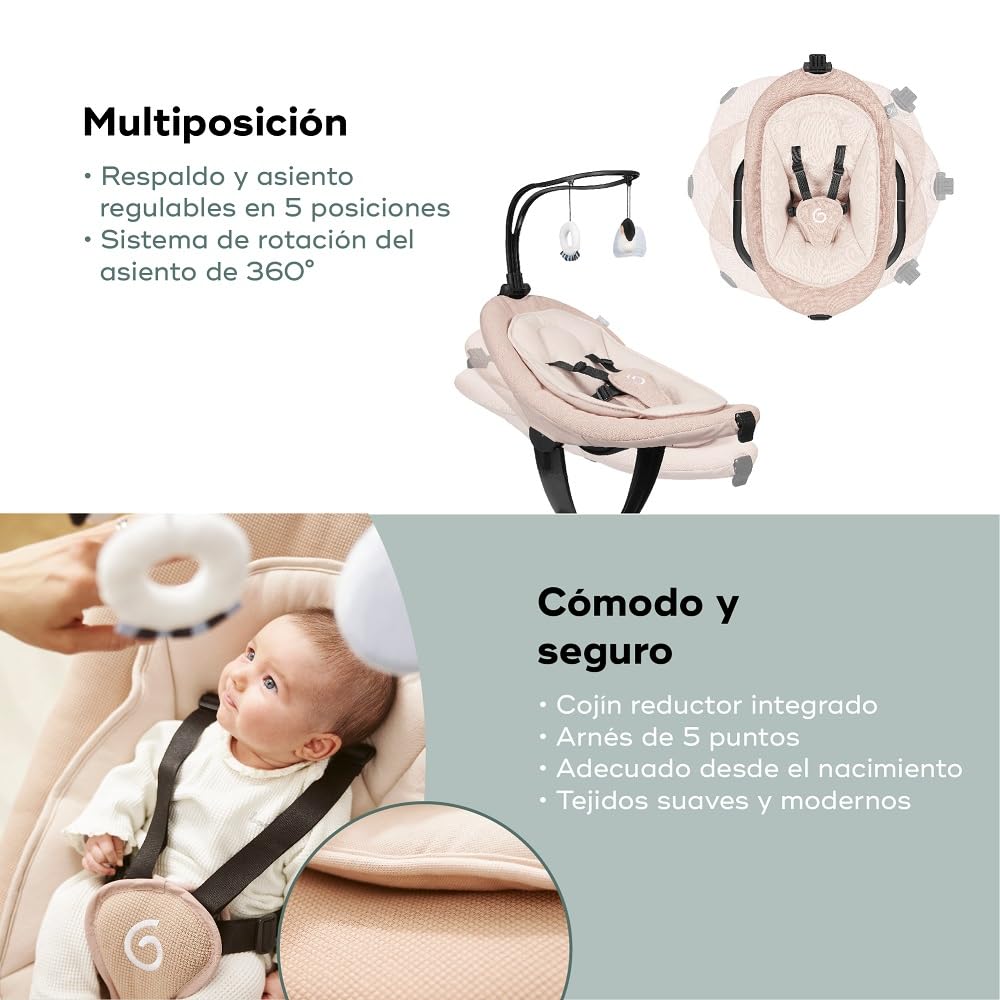 Babymoov Balancín eléctrico bebé Swoon Evolution Mocca - Conectado con aplicación móvil - Streaming musical,grabación de voces,canciones de cuna personalizadas - Asiento de 360°-Reductor recién nacido