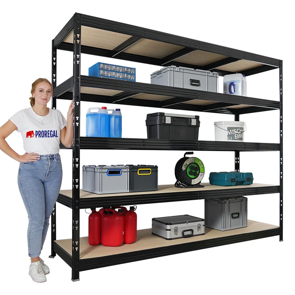 PROREGAL Étagère Charge Lourde Rhino XXL | HxLxP 200x240x70cm | 5 Niveaux en aggloméré 8mm | 450kg par Niveau | Noir | Stockage de Garage de Rangement rayonnage