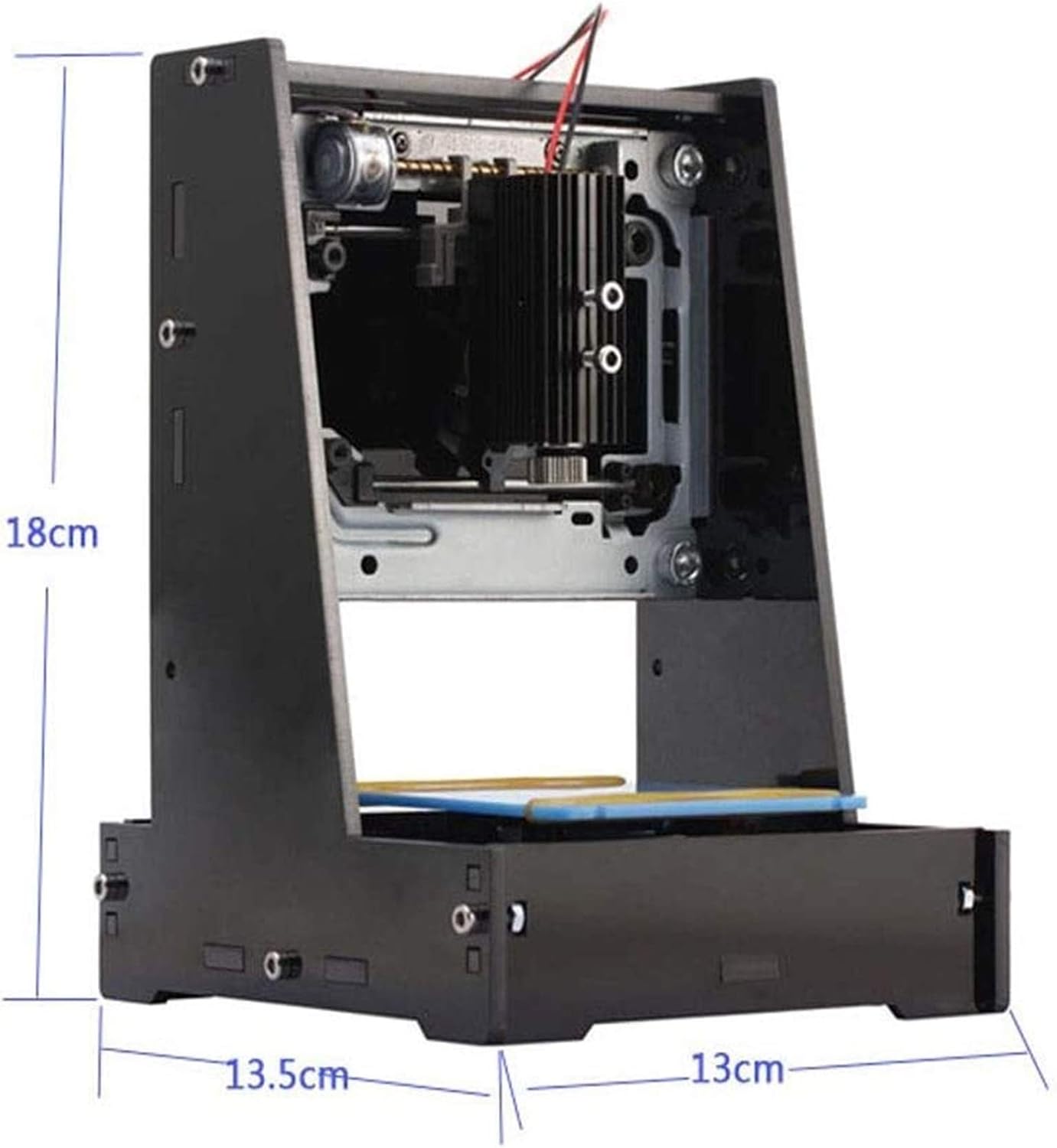 Diagram showing the dimensions of the NEJE JZ-5 engraver: 18cm height, 13.5cm depth, 13cm width.