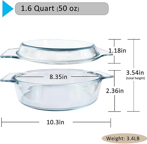 Miniatura 2 de Cacerola de vidrio de 1.6 cuartos (50 onzas) con tapa de vidrio, fácil de agarrar cubierta de vidrio apto para microondas, apto para horno, plato