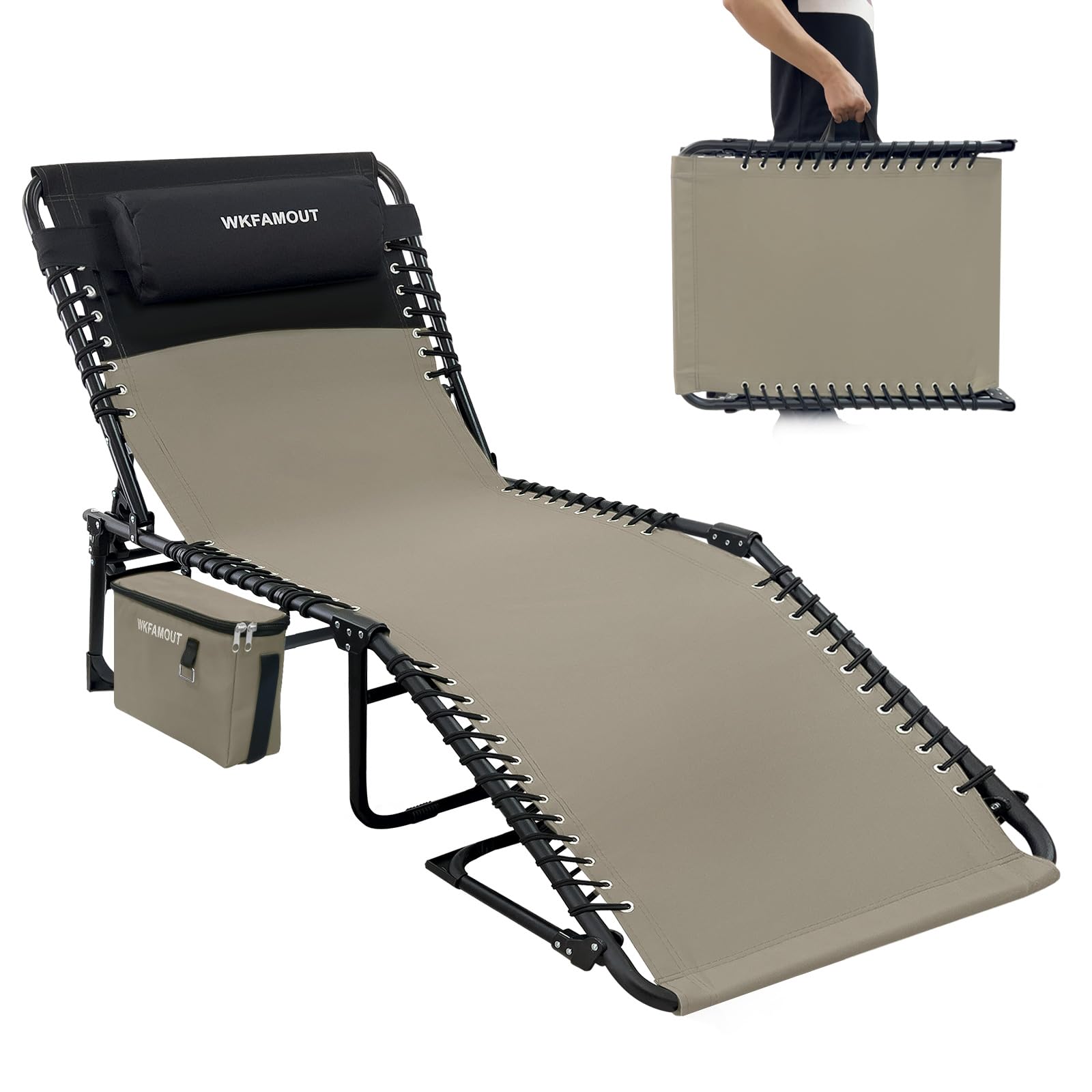 WKFAMOUT Sonnenliege Klappbar mit Loch für Gesicht und Arme 5-Stufig Verstellbarer Rückenlehne Strandliege Campingliege Gartenliege Relaxliege mit Klapptisch Kissen 190x59CM