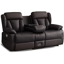 AHMED Loveseat Recliner Sofa, 3-Seat Reclining Sofa with Flip Middle Backrest, Faux Leather Recliner Couch with Cup Holders, Storage, USB Ports/AC, Home Theater Seating for Living Room/RV, Black