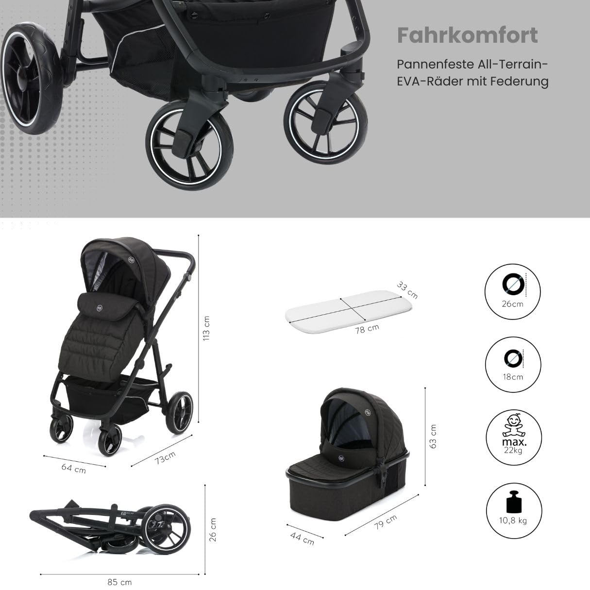 Fillikid 3-1 Kombi-Kinderwagen-Set Fill Jaguar mit Sportsitz, Babywanne mit  Matratze, Babyschale, Wickeltasche mit Wickelauflage, Adapter, Regenschutz  & Insektenschutz - Dunkelgrau Melange : Amazon.de: Baby