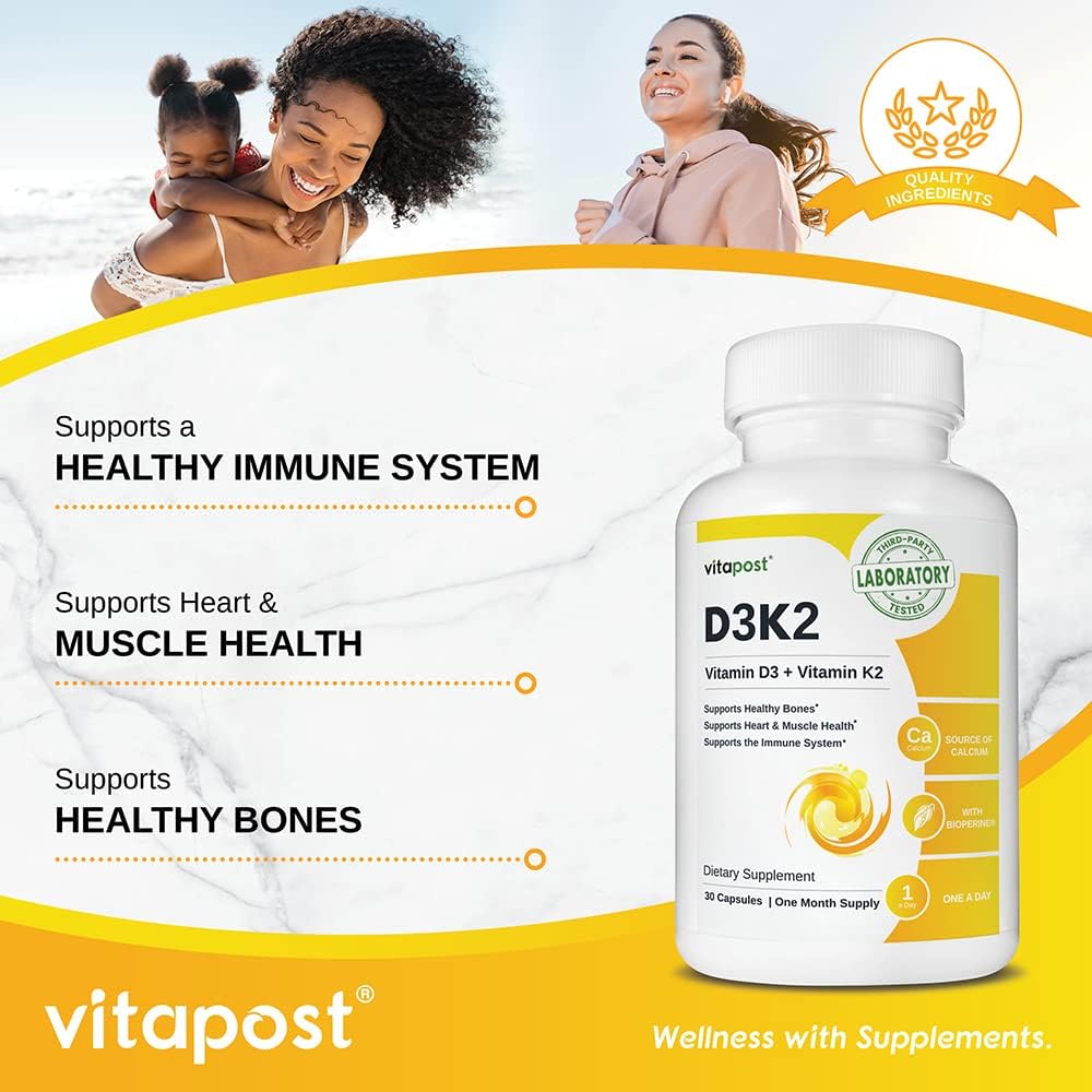 VitaPost D3K2 | D3 K2 Combines Vitamin K and Vitamin D with Calcium & BioPerine. Vitamin D3 and K2 Supplements Healthy Bones, Heart & Muscles | 30 Capsules