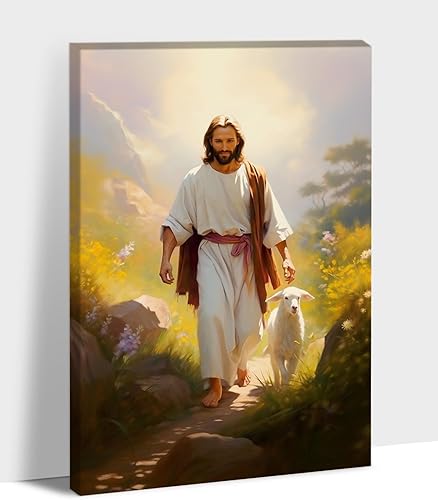 Lienzo decorativo para pared de Jesús y cordero, cuadro enmarcado de Dios cristiano y ovejas, póster decorativo para sala de estar, pastor Jesús