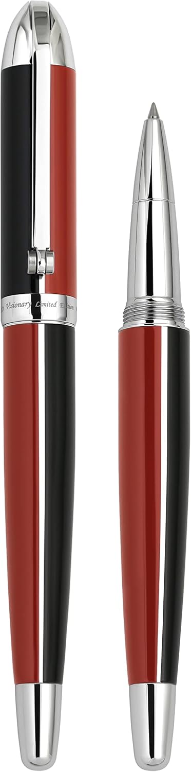 Xezo Visionary Brass and Aluminum Rollerball Pen, Fine Point. Hand Lacquered in Red and Black. Numbered in Limited Edition of 500. Classic Art Deco Color Disposition, Retrofuturistic Body Style