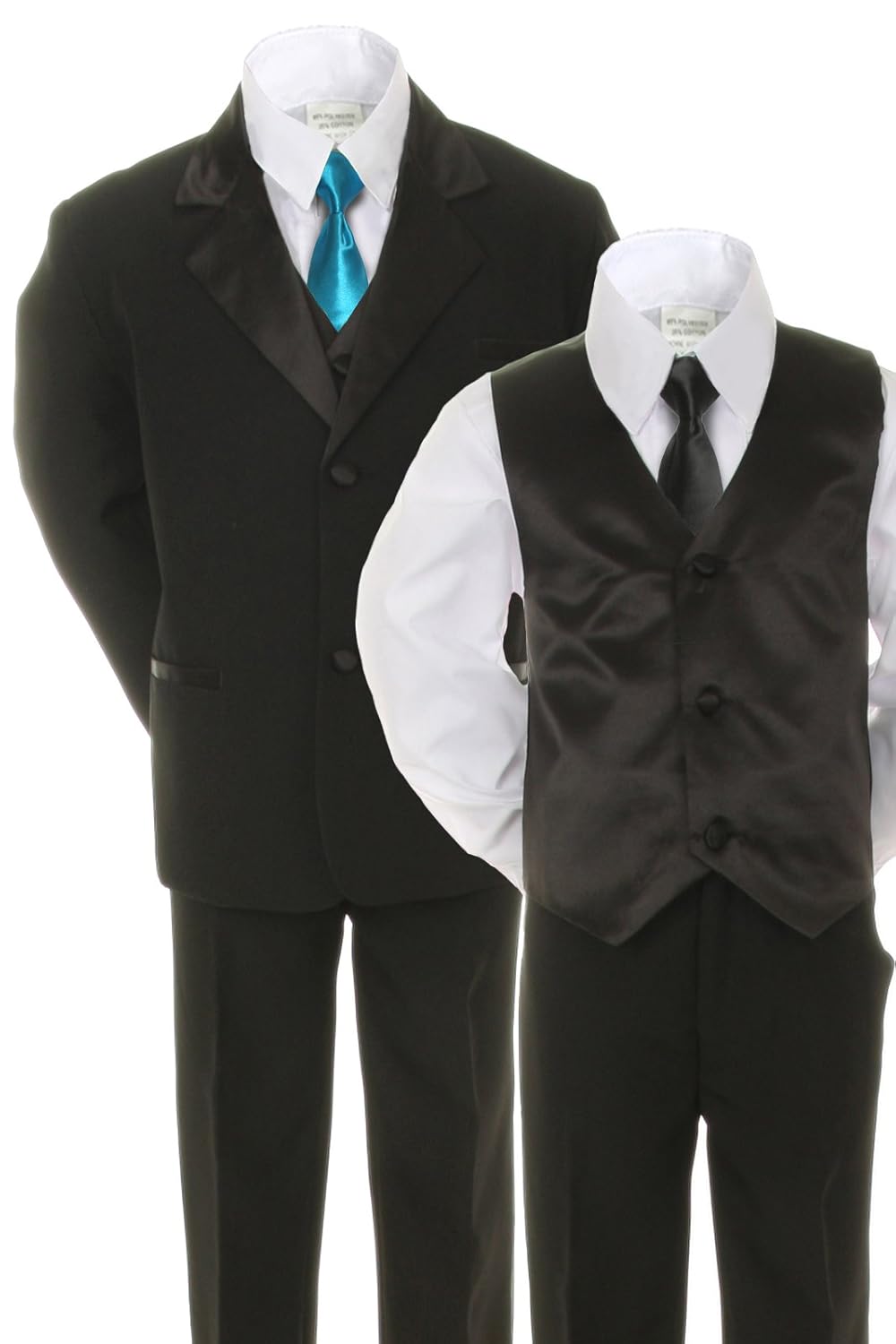 6pc Boy Black Suit Tuxedo Satin Turquoise Blue Necktie Vest Set Baby Teen (4T)