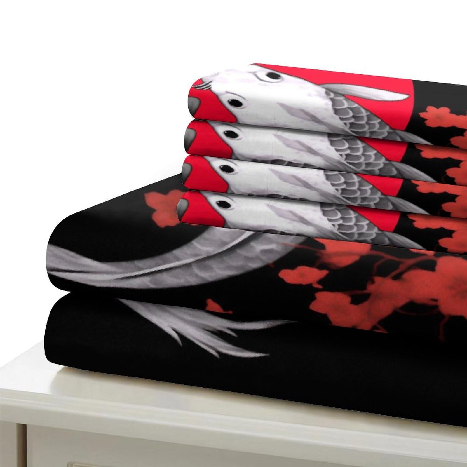 Koi Fisch Kunst 3-teiliges Reines Polyester Japanische Stil Illustration Bettbezugset, Versteckter Reißverschluss, Für Kleinkinder, Babysicher & Gifffrei, Pflegeleicht King（220x240cm）