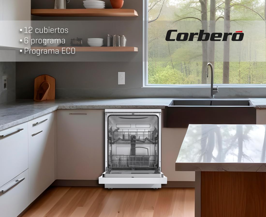 Corbero - Lavavajillas Plus 60 cm | CLVM605W | 12 Servicios| 6 Programas | 4 temperatura | Display LED | Inicio Diferido | Media Carga | Inicio - Pausa | Blanco — view 8