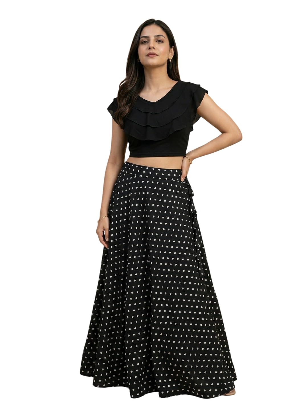 lalan art Women Black Polka dot Lycra Ruffle Crop top & Crepe Flared Maxi Skirt co-ord Set-picture-34